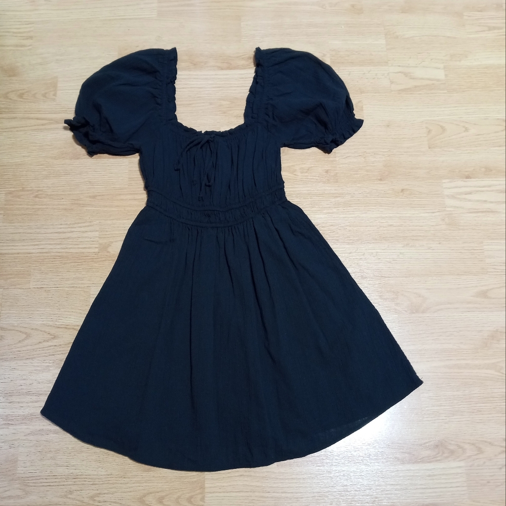 Aerie Black Empire Waist Puff Sleeve Mini Dress
